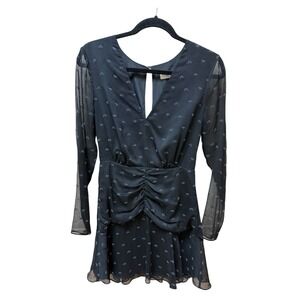 Stevie May Black Sheer Sleeve Mini Dress Ruched Waist Romantic Boho Sz S